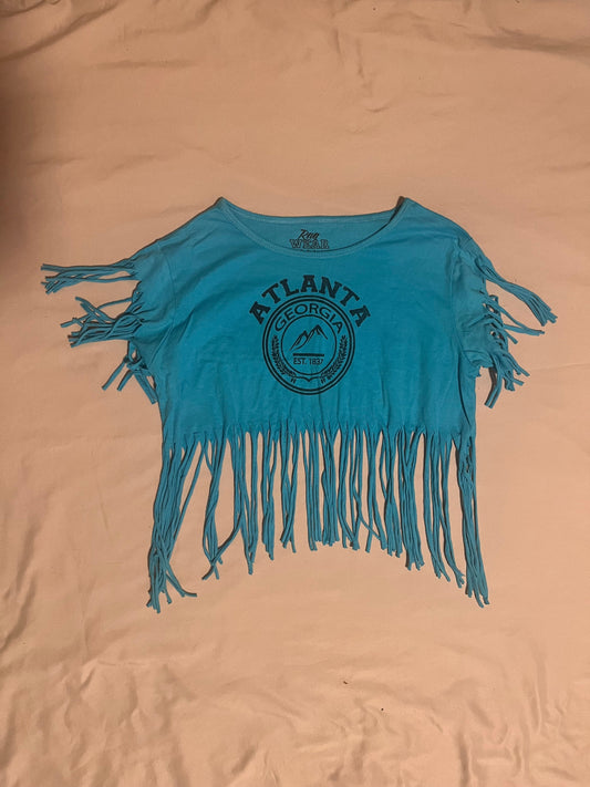 Rag Wear U.S.A. women's S/M teal crop top short sleeve w/ fringed sleeves and bottom, "Atlanta, Georgia" Women's - S
