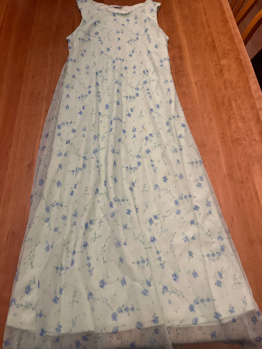 My Michelle Long sheer pale green with blue flowers, with lining 16