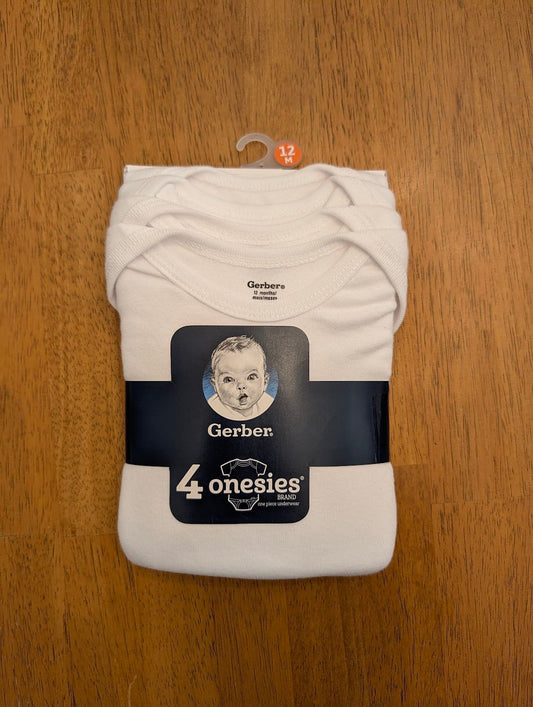 Gerber, 12m, 4 pack, short sleeve onesies plain white, NWT 12 Months