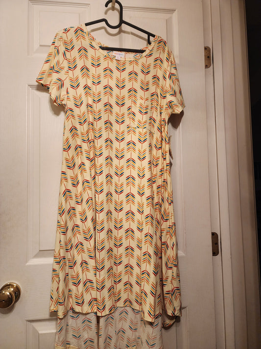 NEW w. Tag, LuLaRoe - Carly, high - Low Dress Runs Big "fits like a XL" - Pale Yellow w. Orange & Teal & Pocket Women's - M