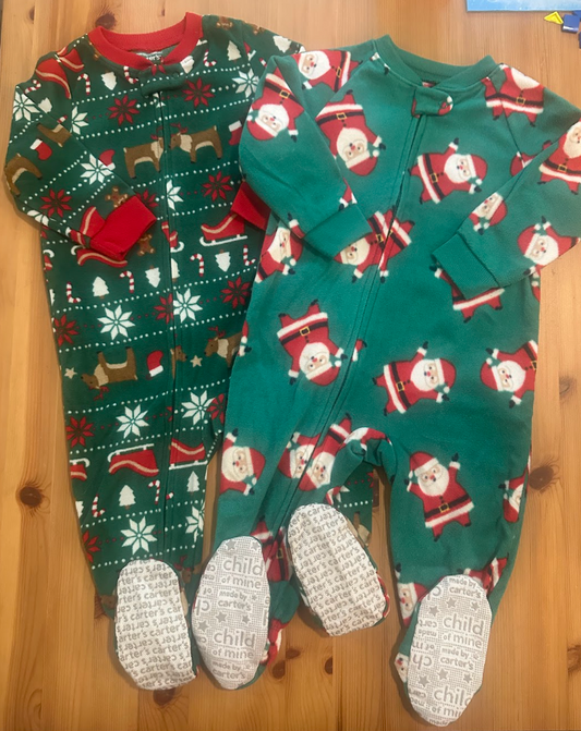 2pc 12m Carters/ChildofMine Fleece Footed Sleepers Zippered Christmas Print-Santa, Reindeer, Green, Snowflakes 12 Months