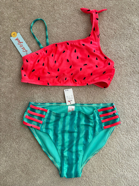 Cat & Jack XXL new girls 2-piece swimsuit bikini watermelon seed print top and green bottoms UPF 50+ 18