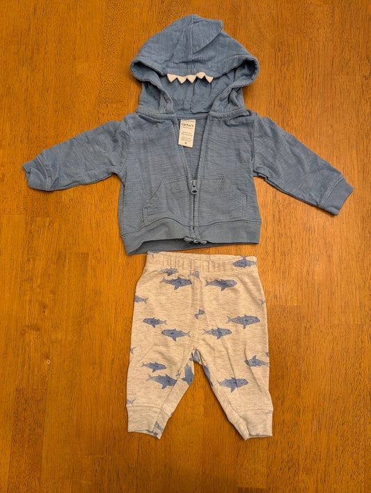Carter's, Newborn, 2 piece - blue zipup sweatshirt shark hood, light gray pants w/ sharks Newborn