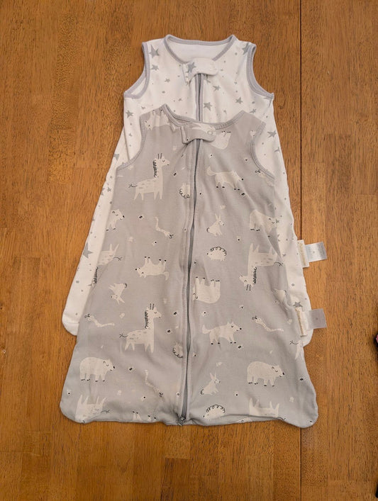 Miracle Baby, 0-6m, 2 pc 0.5 TOG sleep sacks white/gray stars, gray/white animals Newborn