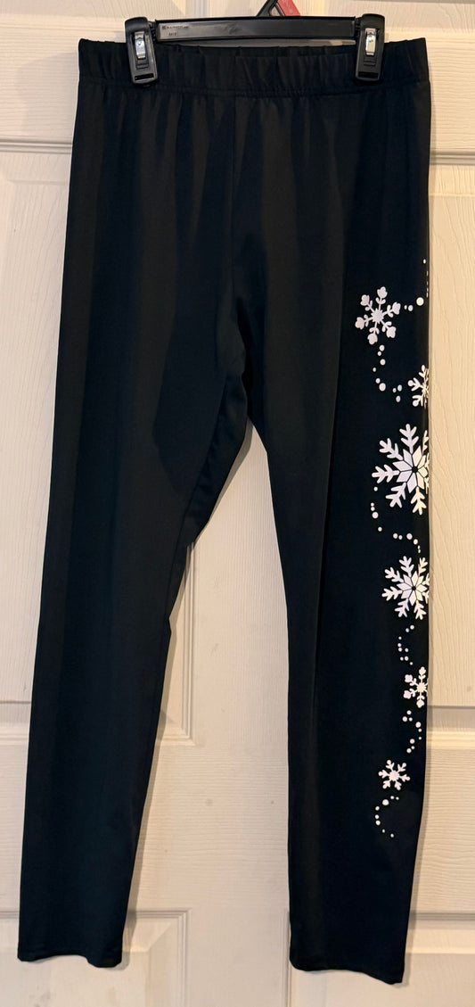 Black womens large polyester leggings Black polyester w/snowflakes on side of left leg leghings Women's - L