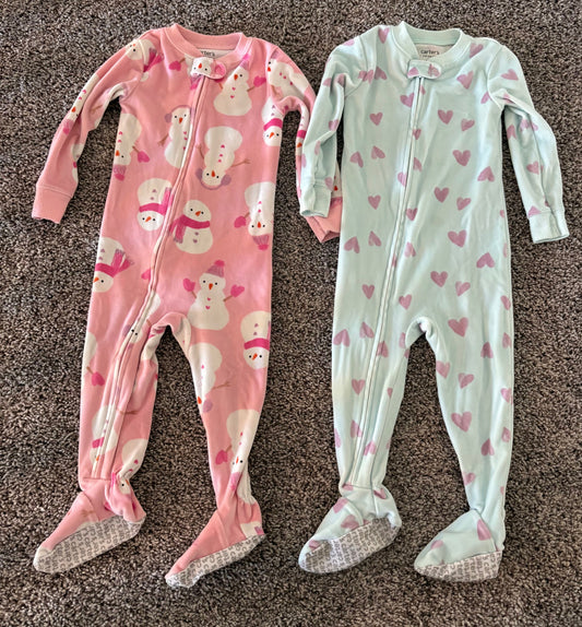 Carters Just One You footed pajamas 18 months Set of 2-pink snowmen/blue with hearts, zipper, soft, winter 18 Months