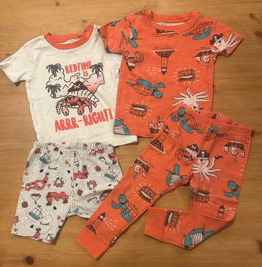 4pc Carters PJs Pajamas Set-Pirate Crab/Treasure White SS Top w/ Gray Shorts, Coral SS Top w/ Pants 2T