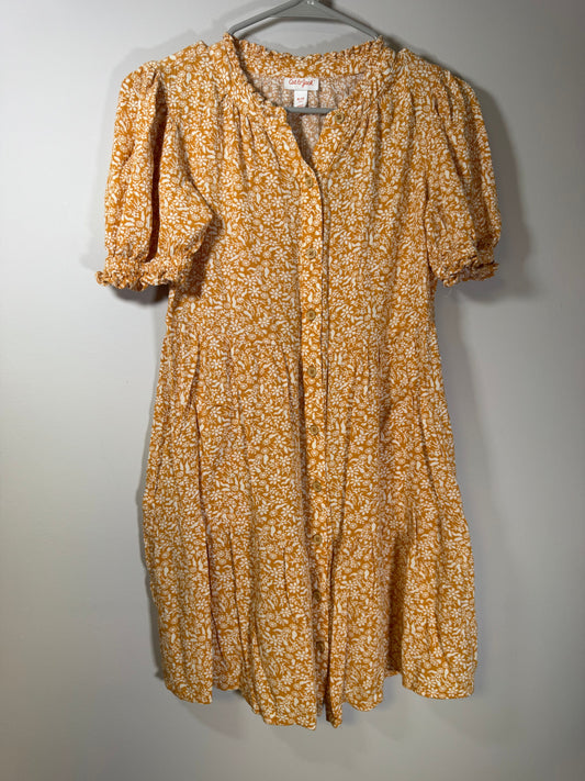 Cat & Jack Mustard/White Floral Button Front Tiered Short Sleeve Dress 14