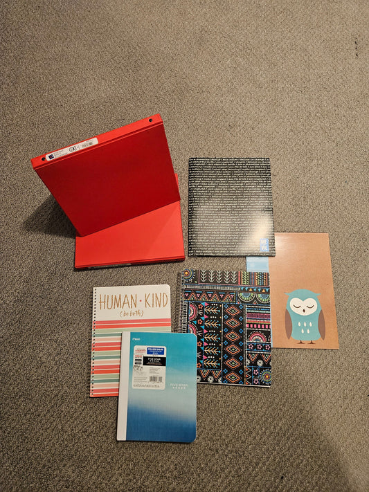 School Supplies set, all new 2 red .5" binders, 2 pocket folders, 3 colkege ruled notebooks Office