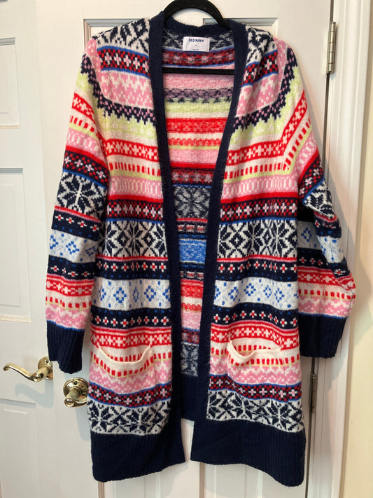 Old navy size 2xl colorful open front sweater Long sweater cardigan with 2 front pockets pink navy blue pattern Women's - XXL