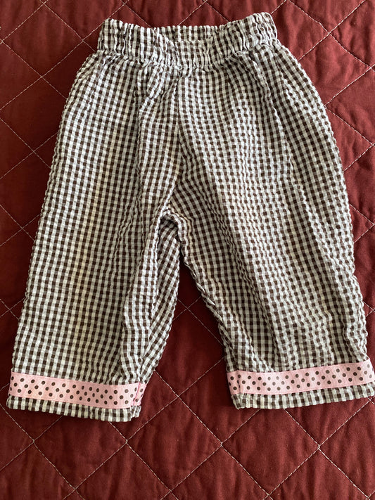 Rare Too, 12m gingham brown and white with pink ribbon and polka dots, wide leg capris length, elastic waist 12 Months
