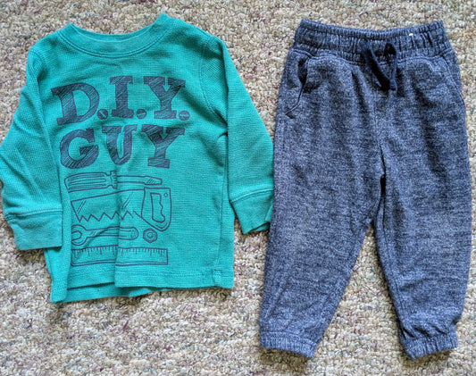 Jumping beans & garanimals Teal long sleeve shirt w blue tools and blue pants 12 Months
