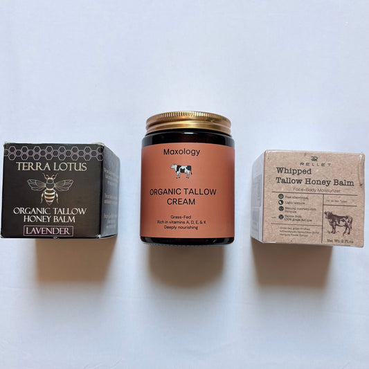 3 NEW pkgs organic tallow products lavender Maxology cream, whipped honey balm