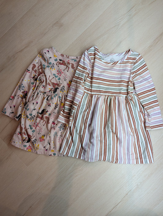 Wonder Nation long sleeve dresses, 18m Long sleeve dresses, pockets, stripes, unicorns w/ flowers 18 Months