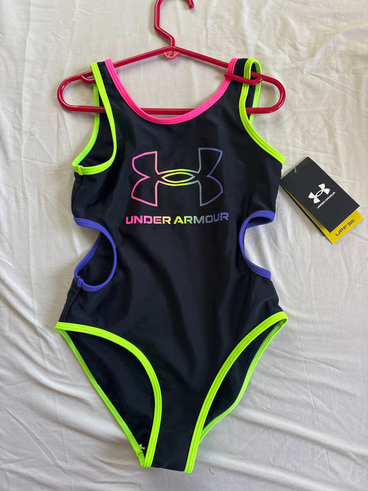 Under Armour, size 7, swimsuit New with tags black and neon 1 piece bathing suit 7