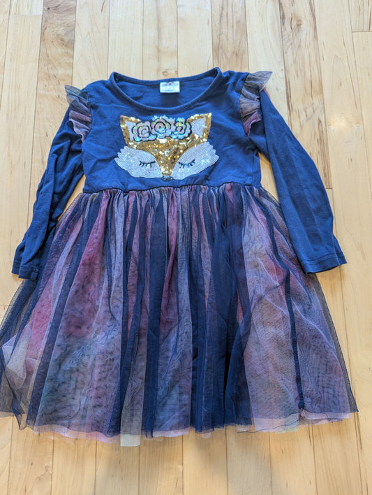 Long Sleeve Fox Face Dress Navy with Rainbow Mesh 2T