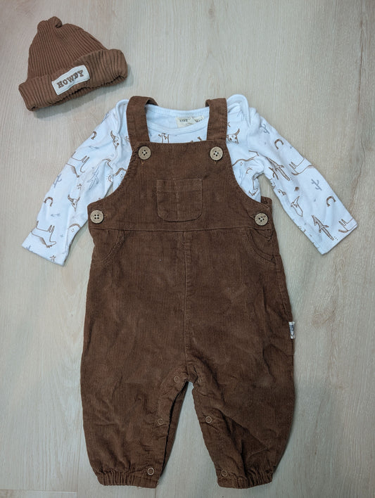 Western themed overalls set, 3-6m Brown corduroy overalls, Western themed long sleeve onsie, hat 3 Months