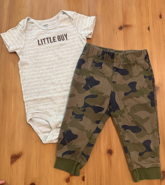 2pc Carters 18m LITTLE MAN Outfit White/Lt Gray Striped SS Onesie, Green Camo Dinosaur Pants 18 Months