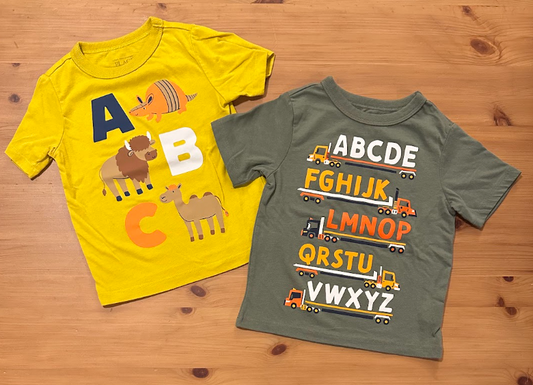 2pc Children's Place Tees T-Shirts ABCs/Alphabet Letters, Olive Green w/ Trucks, Yellow Armadillo, Buffalo, Camel 2T