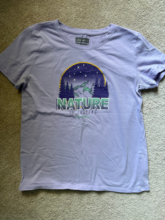 Eddie Bauer XL Girls Graphic t-shirt, light purple featuring mountain scene and the text Nature is Calling 16