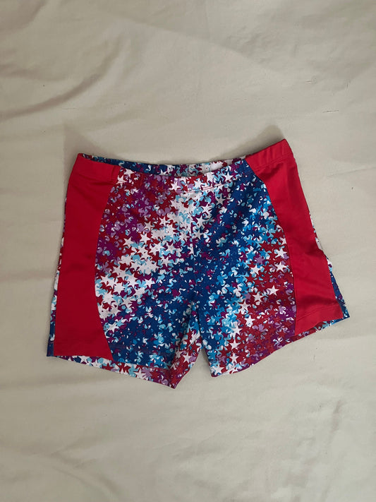 Danskin Now girls' XL 14-16 dance shorts patriotic red/white/blue/lt purple/dk purple stars, poly/spandex 14