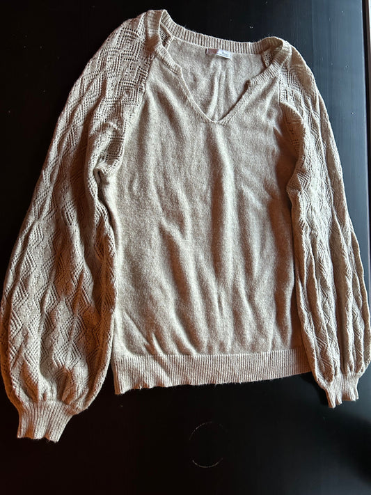 Messic Beige Long Sleeved Sweater Diamond Pattern on Sleeves, Puffed Sleeves, Heathered Beige Women's - L