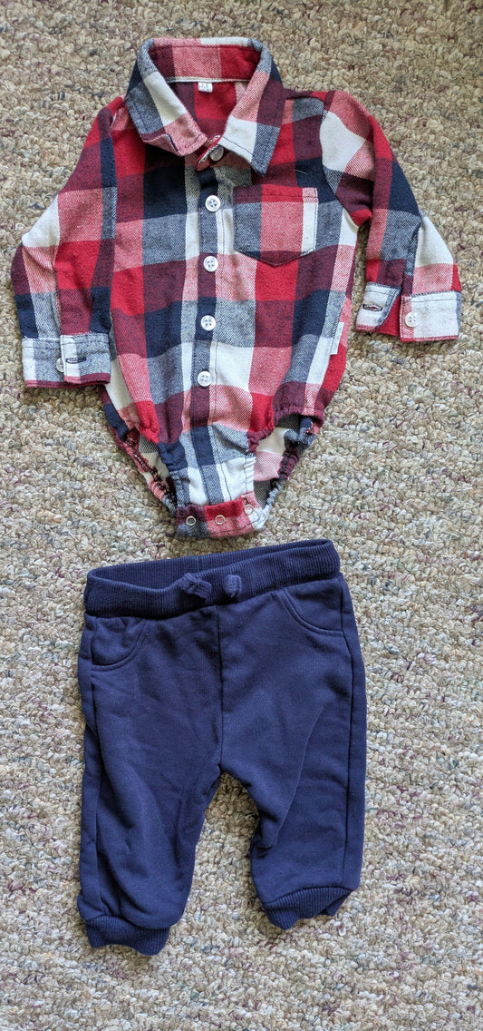 Amazon/ Fred & Flo: 0-3 months Navy blue & Red button up with navy blue pants Newborn