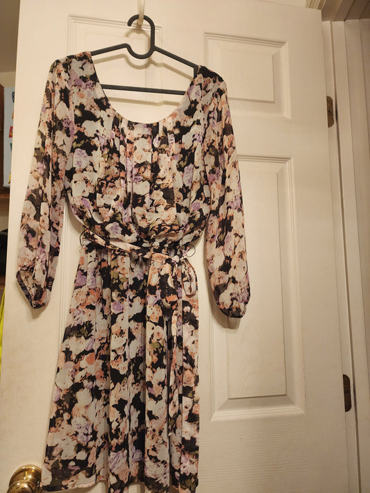 Lily Rose: LG Short Dress Pink Floral w. shear 3/4 sleave Women's - L