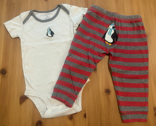 2pc 12m Carters Penguin SS Onesie/Pants Set White Top w/ Red/Gray Striped Pants w/ Penguin on Bottom - Cute! 12 Months