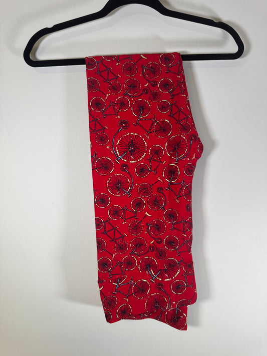 LulaRoe Red Antique Bicycle Leggings Tall & Curvy Sz 12-18 Women's 12