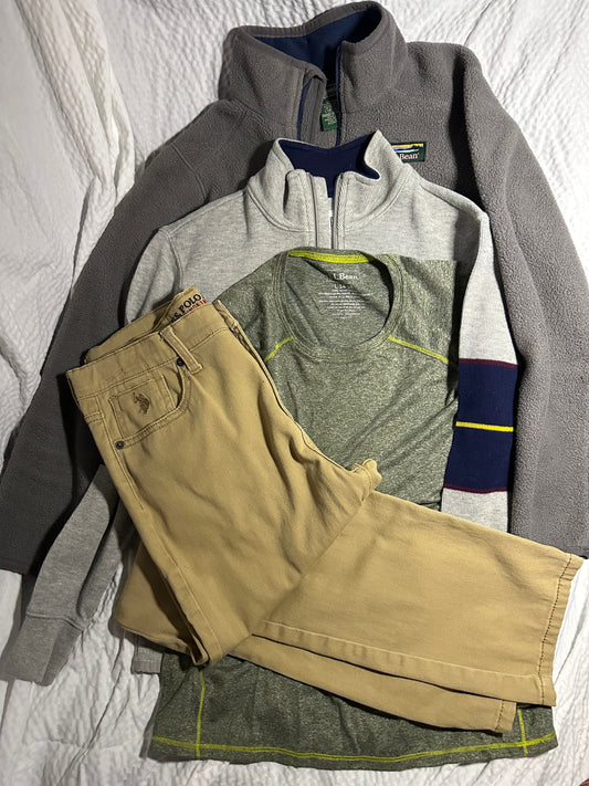 Size 14-16 LL Bean gray fleece jacket, LL Bean Green short sleeve, GAP sweater, Polo tan jeans 4pcs. 14