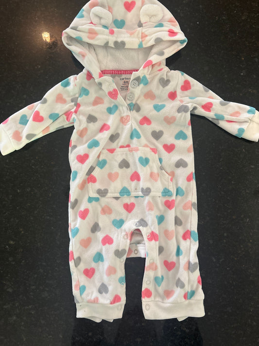 Carters Fleece hooded long sleeve white with hearts size 6m 6 Months