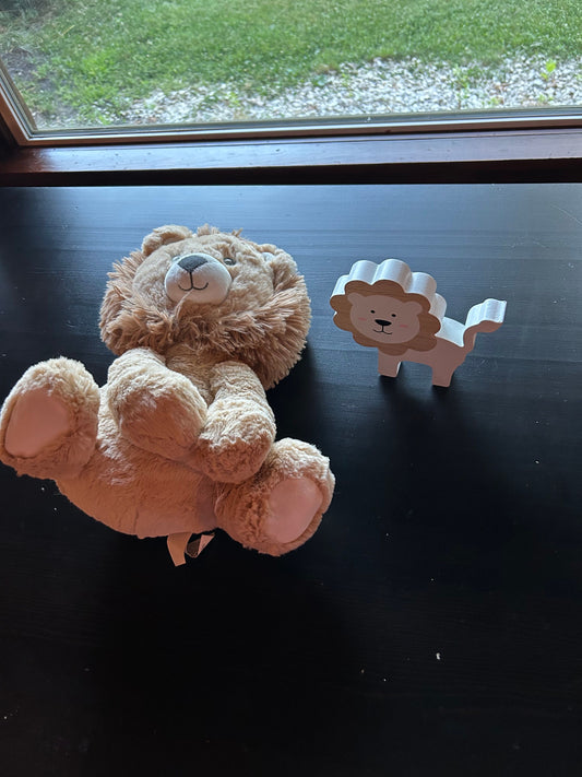 Kellytoy Plush Lion Rattle and Wooden Lion Figure Soft lion stuffed animal with fluffy mane and wooden lion. Plush Toys