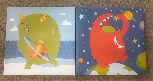 2pc Oopsy Daisy Too Fine Art for Kids 12x12 Canvas Planet Eating Monster, Star Eating Monster - Playroom/Bedroom Art Wall Hanging