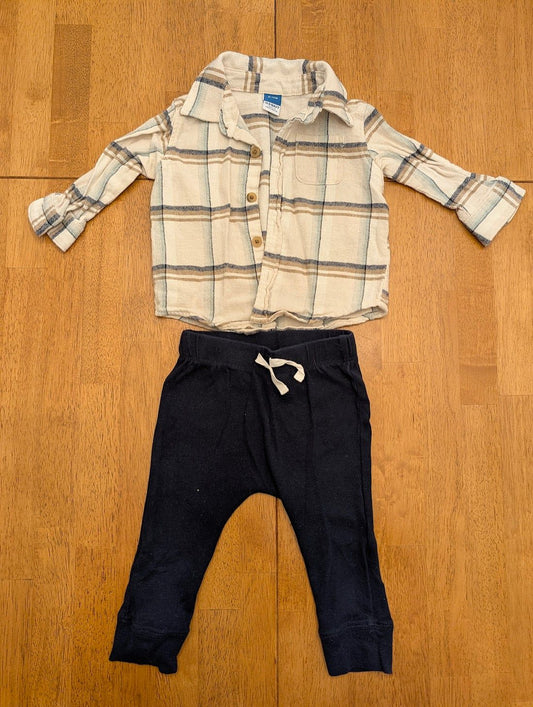 Old Navy, 6-12m top, 9m navy blue pants Button up blue/brown/cream plaid long sleeve flannel 6 Months