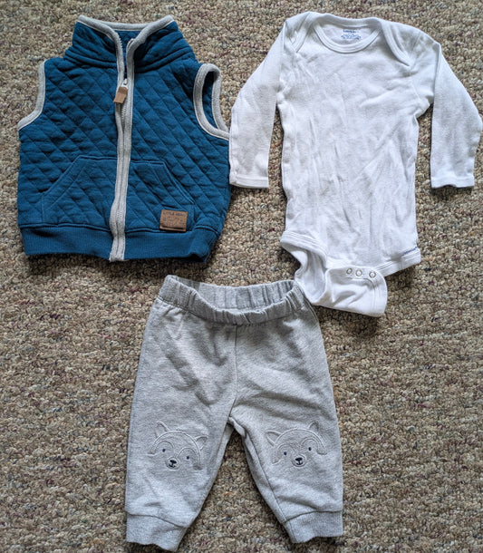 Carter's, Gerber Husky knee grey pants w white long sleeve onesie & blue zip vest 6 Months