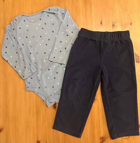 2pc Carters Winter LS Outfit w/ Fleece Pants Light Blue w/ Pine Trees and Bears Print Onesie, Navy Fleece Pant 24 Months