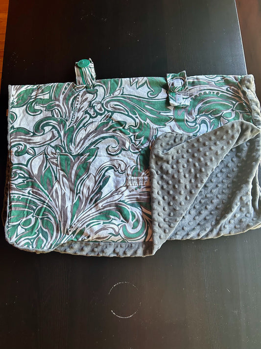 Carseat Canopy Multi-Use Baby Cover - Green Damask Gray minky dot lining, velcro attachment to carseat handle Car Seat