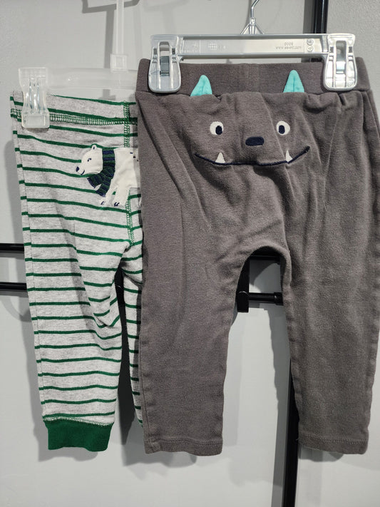 Carters 18m Pants Gray Monster & Gray w. Green stripes and Polar Bear 18 Months