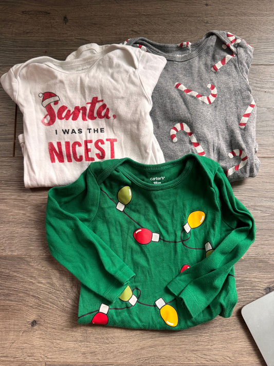 Carters 3Pk Onesies - CHRISTMAS Theme - Lights, CandyCanes & Santa Nice 18 Months