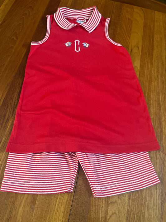 FAST FRIENDS size 10 Red and white short set with C sailboat monogram 10