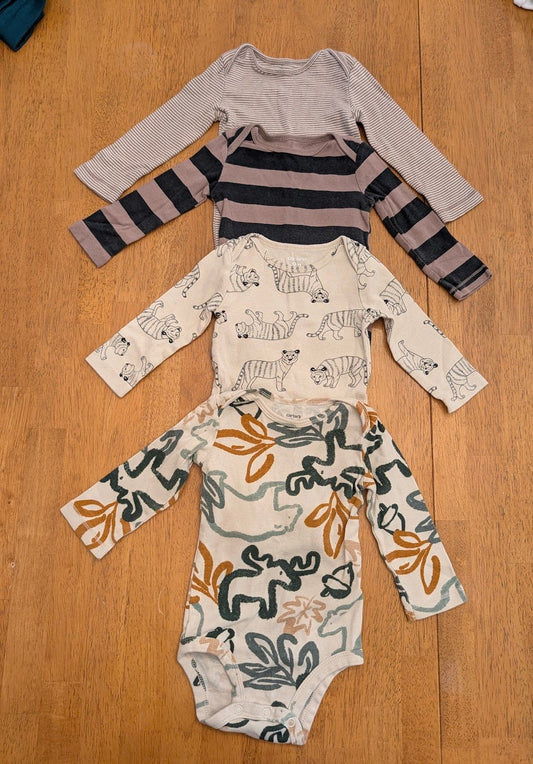 Carter's, 9m, 4 pc - long sleeve onesies brown striped, black/brown striped, beige tigers, forest animals 9 Months