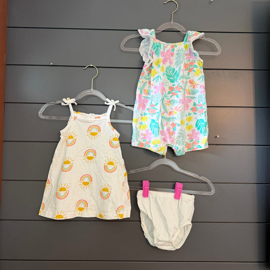 Carters Sunshine and rainbows dress with diaper cover and floral romper 12 Months