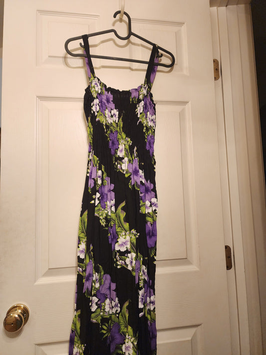 Purple & Black Floral long dress Stretch Top, 55% Cotton & 45% Rayon Women's - L