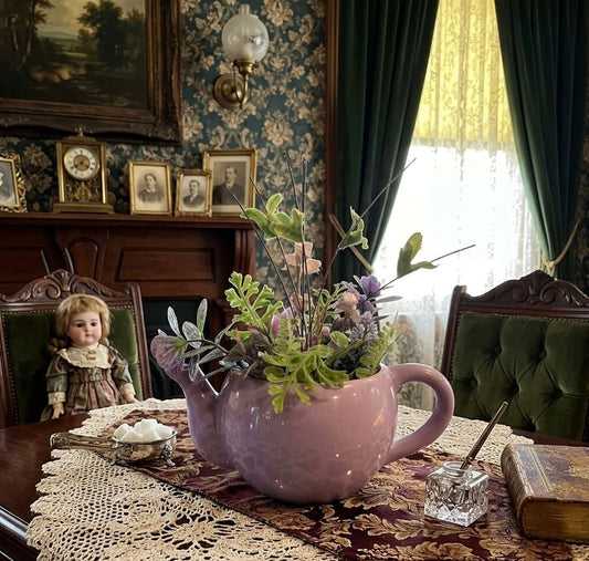 Lovely lavender 4 inches tall teapot with floral Add a touch of warmth and Victorian flare to any room Decor