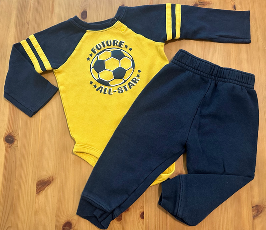 2pc 18m Garanimals FUTURE SOCCER STAR Outfit Yellow/Navy LS Onesie, Navy Sweatpants Sweats 18 Months