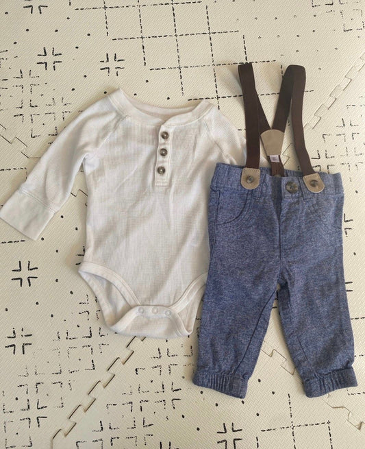 Cat and Jack infant outfit Long sleeve white onesie with blue pants and suspenders 3 Months