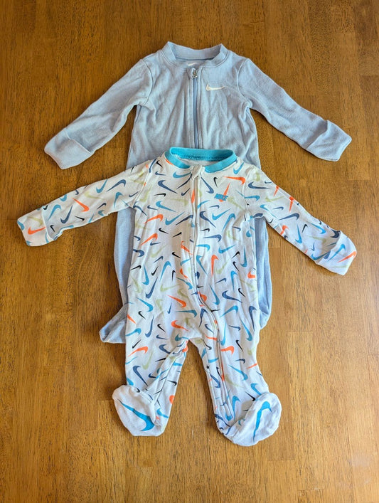 Nike, 6m, 2 long sleeve pajamas, fold over hands Light blue, multicolor nike swoosh 6 Months