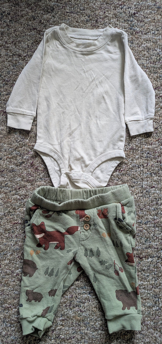 H&M, Carter's Beige long sleeve onesie & green fox themed pants 6 Months