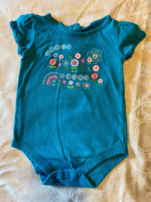Toughskins 12m, Sweet Girl with flowers, 2 flowers made with buttons blue-teal, onesie 12 Months